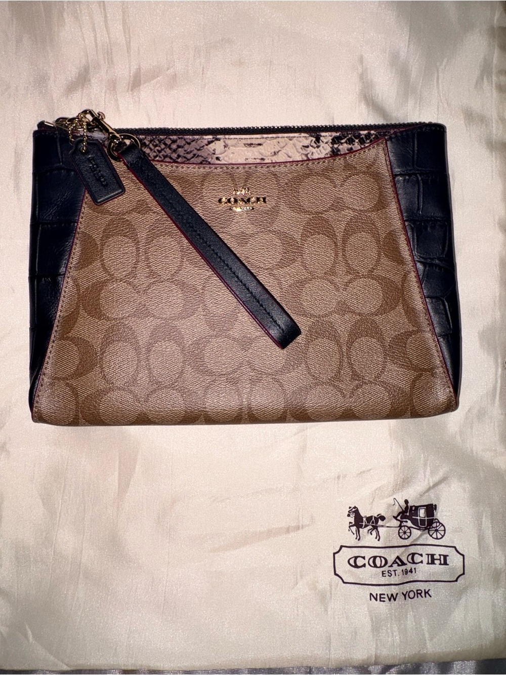 Coach Brown Signature Canvas Wristlet with Black Trim